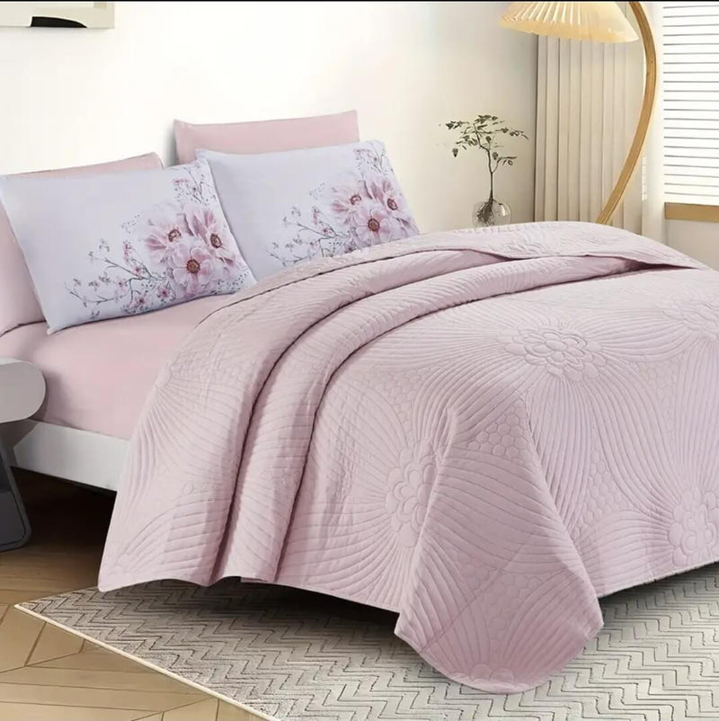 2025 Pink Base Floral Quilted Bedspread Coverlet Sets (3Pcs)