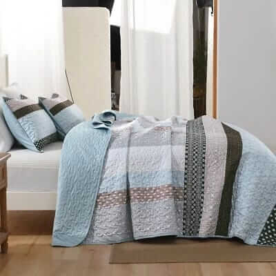 Cream & Earth Tones Quilted Bedspread Set-Rustic Patchwork Coverlet (3Pcs)