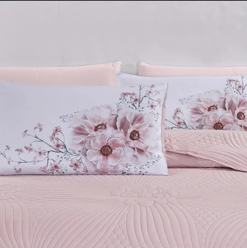 2025 Pink Base Floral Quilted Bedspread Coverlet Sets (3Pcs)