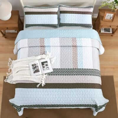 Cream & Earth Tones Quilted Bedspread Set-Rustic Patchwork Coverlet (3Pcs)