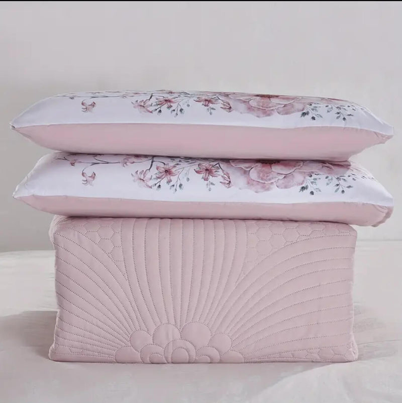2025 Pink Base Floral Quilted Bedspread Coverlet Sets (3Pcs)