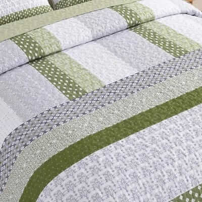 Oilve Green Striped Coverlet Set-Quilted Bedspread Sets (3Pcs)
