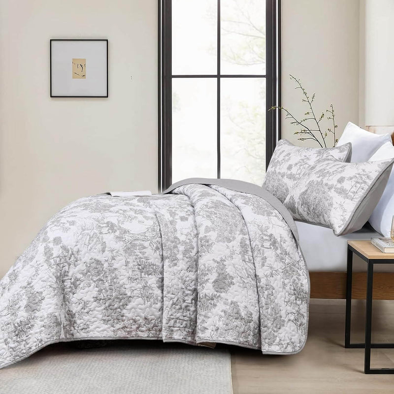 Greyish Floral Patterned Coverlet Set-Quilted Bedspread Sets (3Pcs)