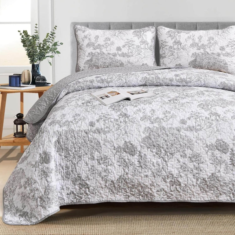 Greyish Floral Patterned Coverlet Set-Quilted Bedspread Sets (3Pcs)