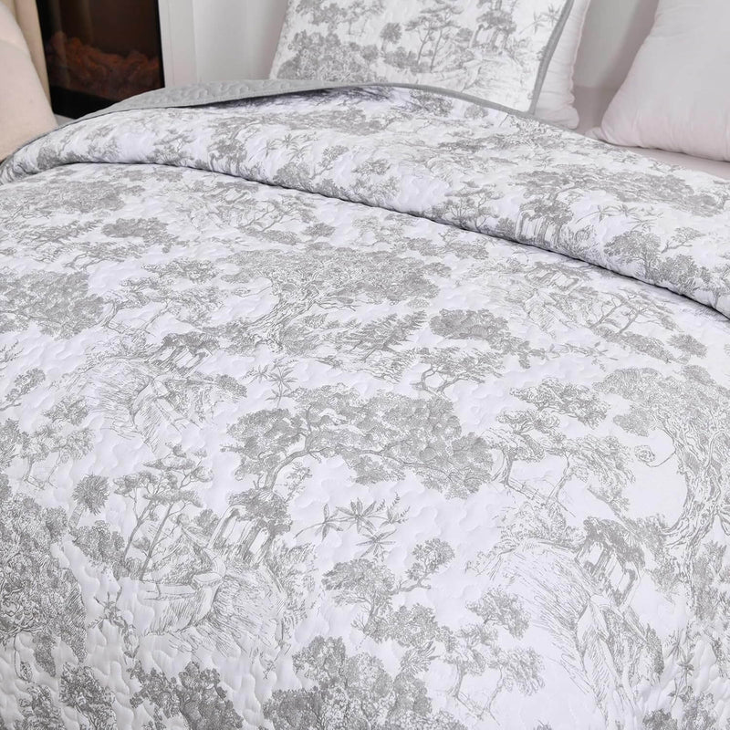Greyish Floral Patterned Coverlet Set-Quilted Bedspread Sets (3Pcs)