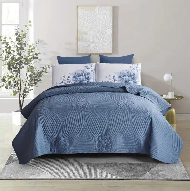 2025 Blue Base Floral Quilted Bedspread Coverlet Sets (3Pcs)