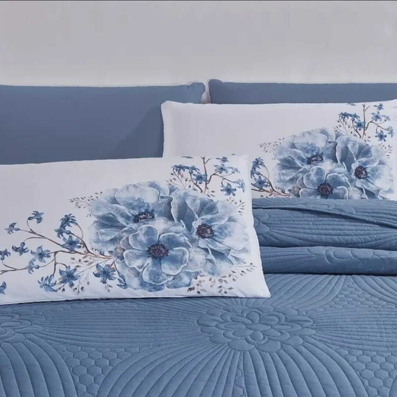 2025 Blue Base Floral Quilted Bedspread Coverlet Sets (3Pcs)