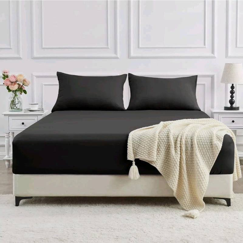 Bamboo Blend Soft Fitted Bed Sheet Set (3Pcs)-Black