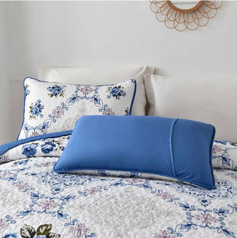 Floral Blue Coverlet Set-Quilted Bedspread Sets (3Pcs)