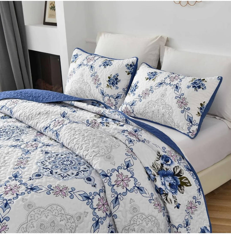 Floral Blue Coverlet Set-Quilted Bedspread Sets (3Pcs)