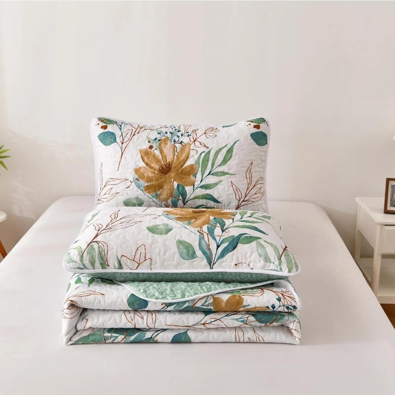 Floral Green Patchwork Coverlet Set-Quilted Bedspread Sets (3Pcs)
