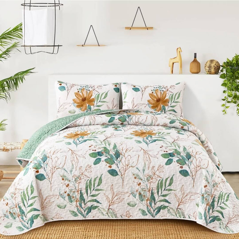 Floral Green Patchwork Coverlet Set-Quilted Bedspread Sets (3Pcs)