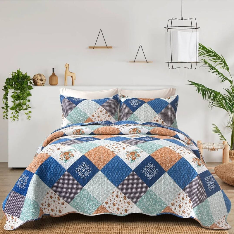 Blue Square Quilted Bedspreads Coverlet Sets (3Pcs)