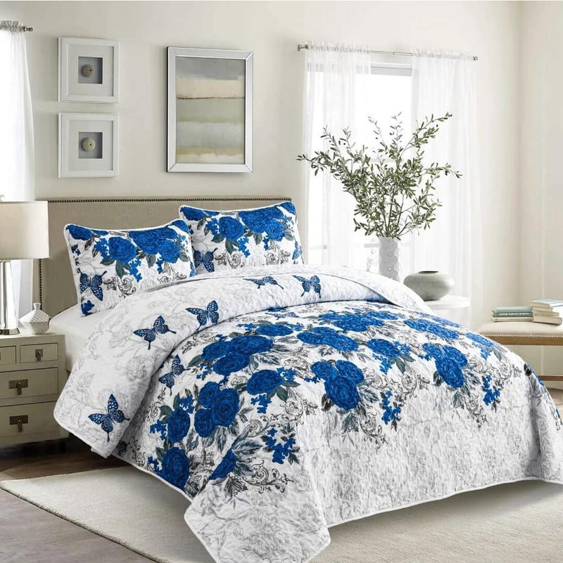 Blue Rose Bedspread Coverlet Set-Quilted Bedspread Sets (3Pcs)