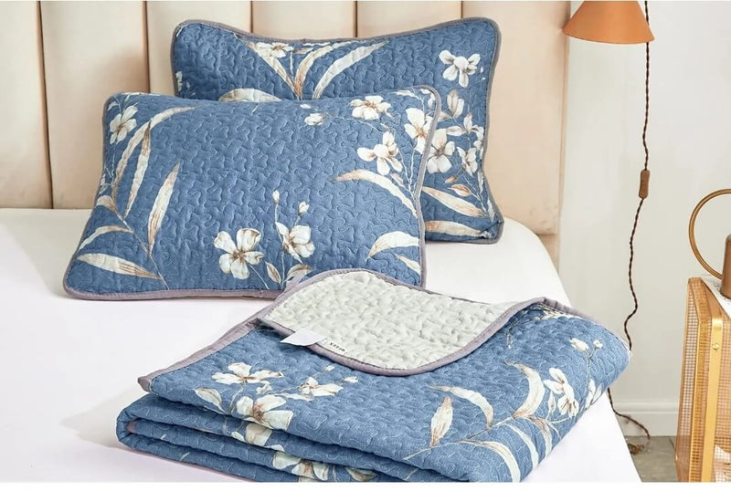 Blue Base Floral Quilted Bedspread Coverlet Sets (3Pcs)