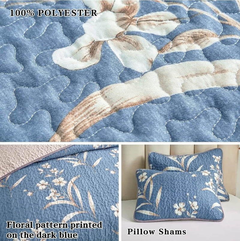 Blue Base Floral Quilted Bedspread Coverlet Sets (3Pcs)
