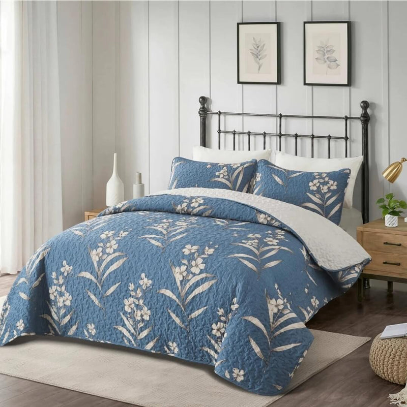 Blue Base Floral Quilted Bedspread Coverlet Sets (3Pcs)