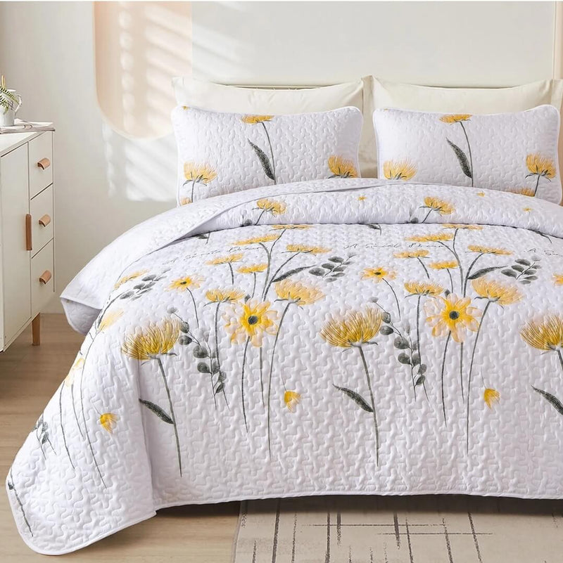 White Base Yellow Floral Coverlet Set-Quilted Bedspread Set (3Pcs)