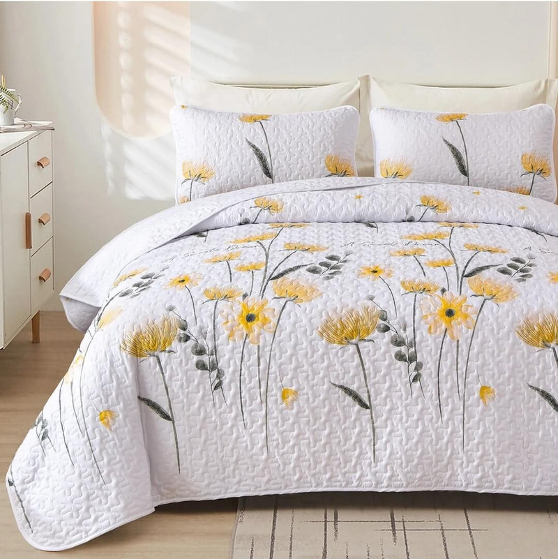 Yellow Floral Bedspread Coverlet Set-Quilted Bedspread Sets (3Pcs)