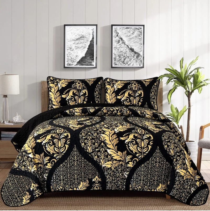 Black Base Golden Coverlet Set-Quilted Bedspread Sets (3Pcs)