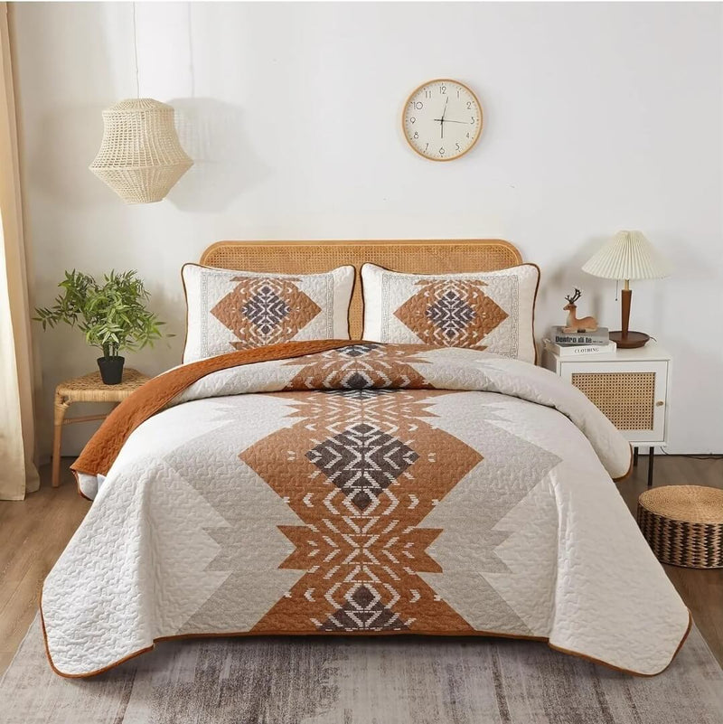 Brown Bohemian Bedspread Set-Quilted Coverlet Sets (3Pcs)