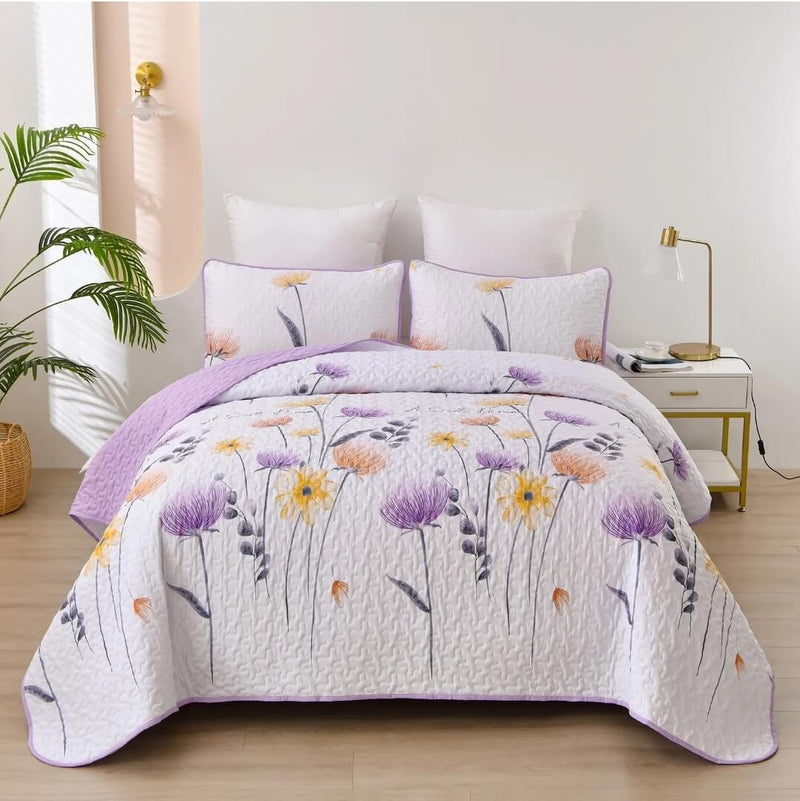 2024 Purple Floral Bedspread Coverlet Sets (3Pcs)