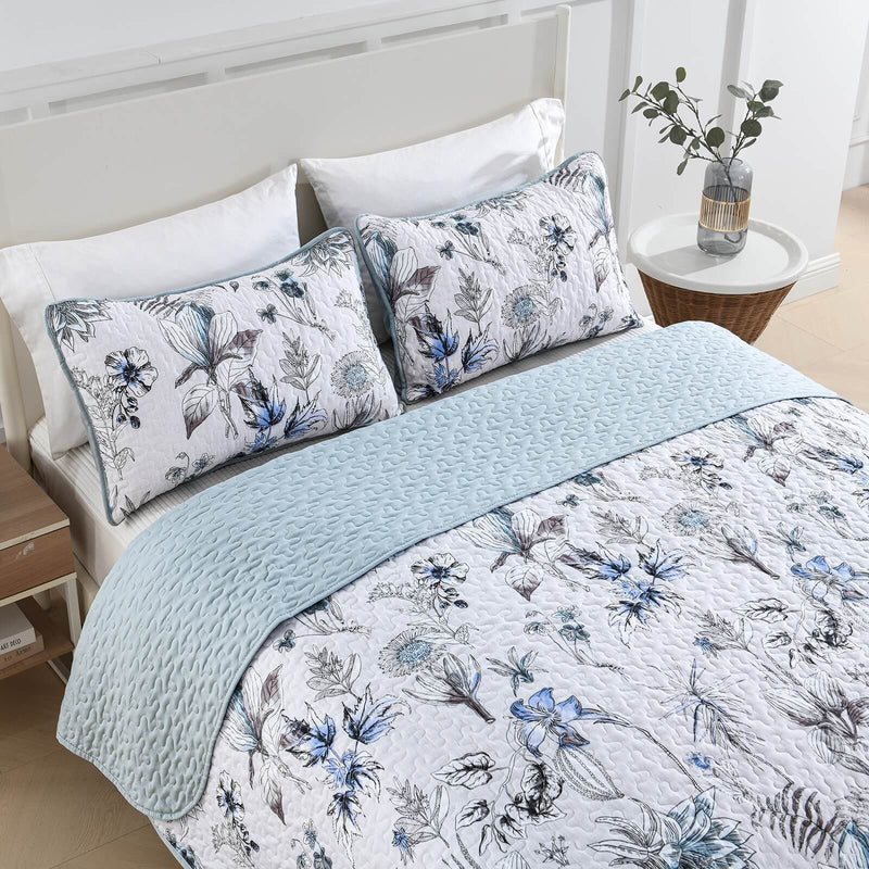 Sky Blue Flower Coverlet Set-Quilted Bedspread Set (3Pcs)