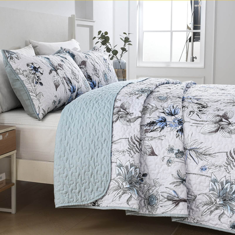 Sky Blue Flower Coverlet Set-Quilted Bedspread Set (3Pcs)