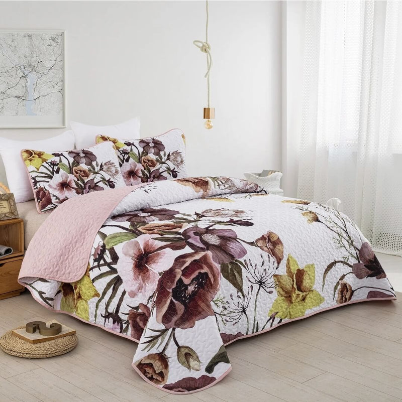 Light Pink Floral Coverlet Set-Quilted Bedspread Sets (3Pcs)