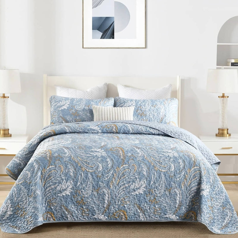 2025 Paisley Blueish Coverlet Set-Quilted Bedspread Sets (3Pcs)