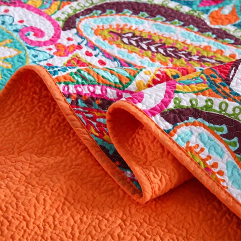 100% Cotton Bedspread Set (3Pcs) - Orange Floral Coverlet Set