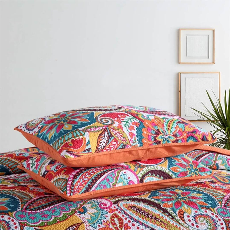 100% Cotton Bedspread Set (3Pcs) - Orange Floral Coverlet Set