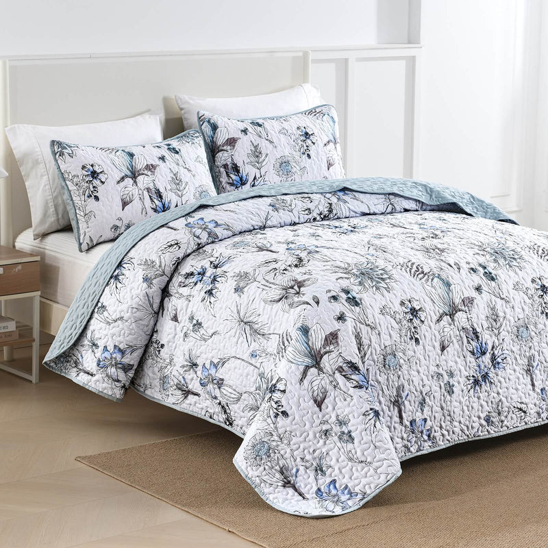 Sky Blue Flower Coverlet Set-Quilted Bedspread Set (3Pcs)