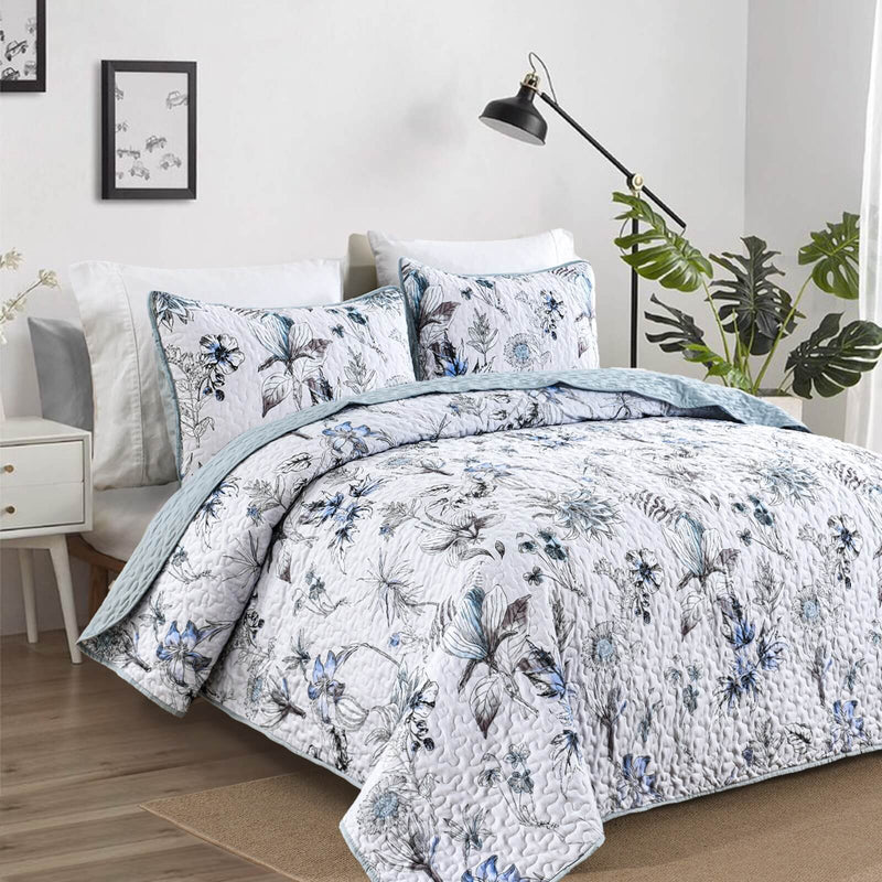 White with Blue Floral Botanical Design-Quilted Bedspread Sets (3Pcs)