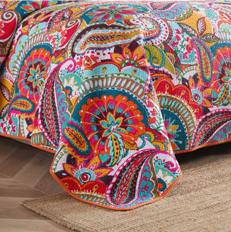 100% Cotton Bedspread Set (3Pcs) - Orange Floral Coverlet Set