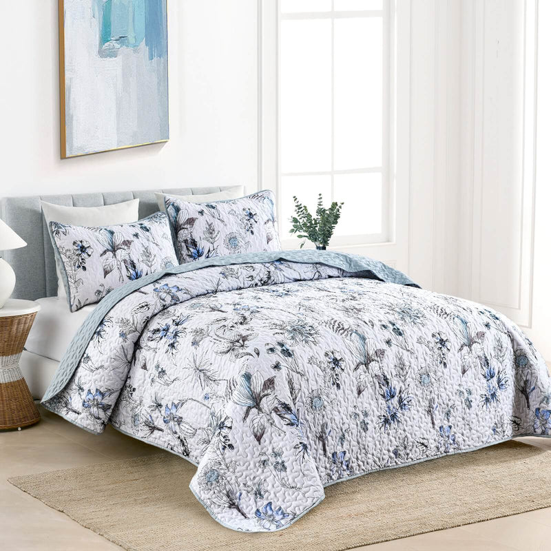 Sky Blue Flower Coverlet Set-Quilted Bedspread Set (3Pcs)