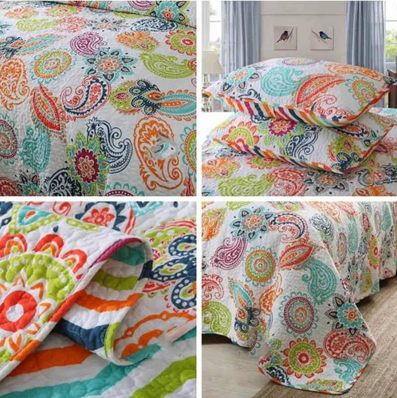 Bohemian Paisley Floral Quilted Bedspread Coverlet Set (3Pcs) – Multi-Color
