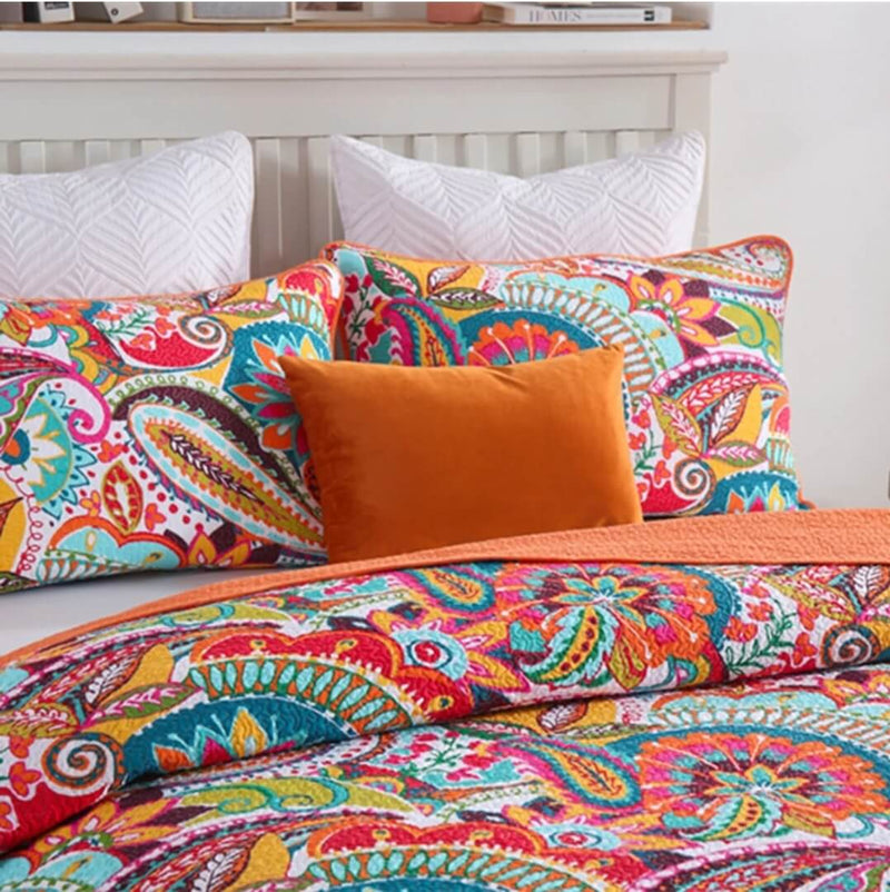 100% Cotton Bedspread Set (3Pcs) - Orange Floral Coverlet Set