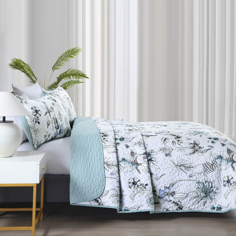 Sky Blue Flower Coverlet Set-Quilted Bedspread Set (3Pcs)