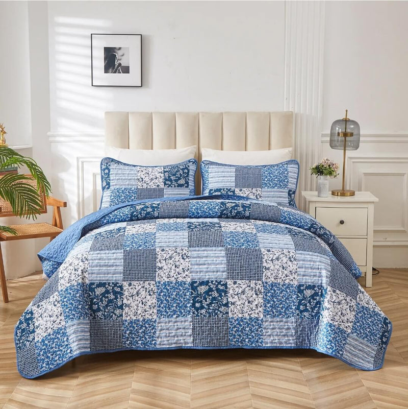 2025 Blue Checked Coverlet Set-Quilted Bedspread Sets (3Pcs)