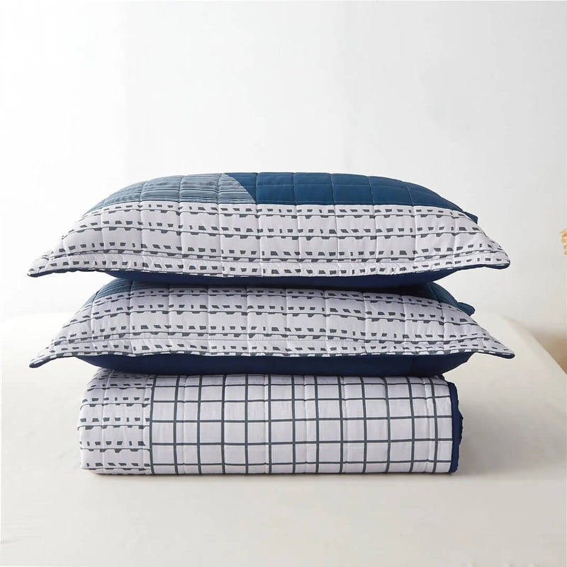 Dark Blue & Grey Quilted Bedspread Coverlet Sets (3Pcs)