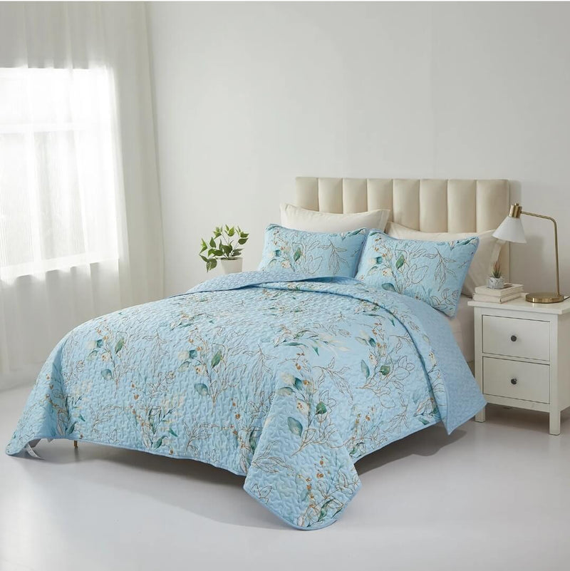 Sky Blue Floral Coverlet Set-Quilted Bedspread Sets (3Pcs)