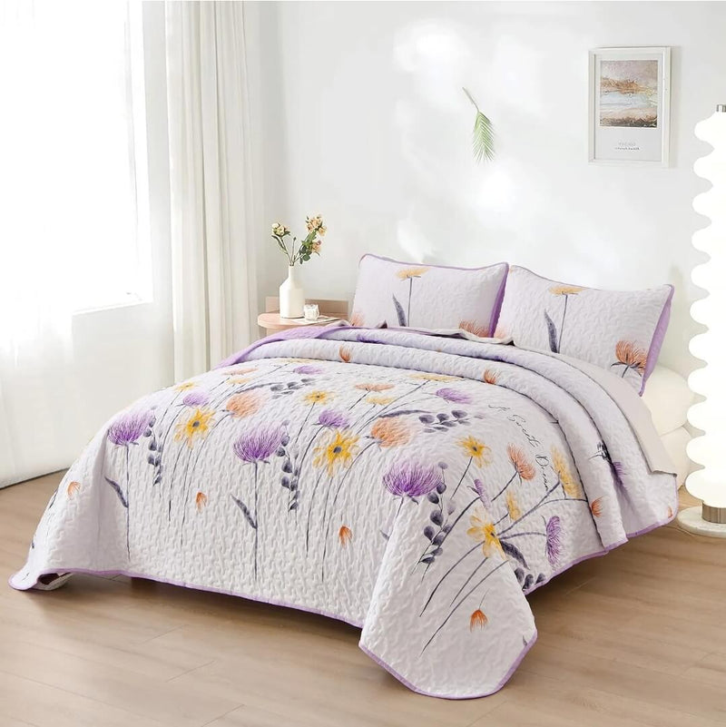 2024 Purple Floral Bedspread Coverlet Sets (3Pcs)