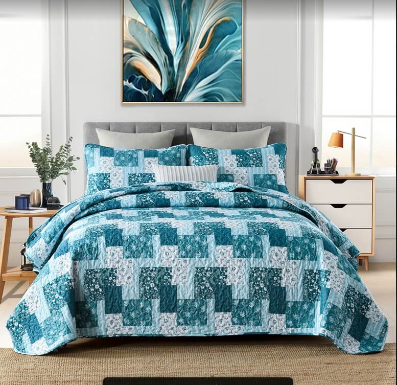 Sky Blue Striped Quilted Bedspread Coverlet Sets (3Pcs)