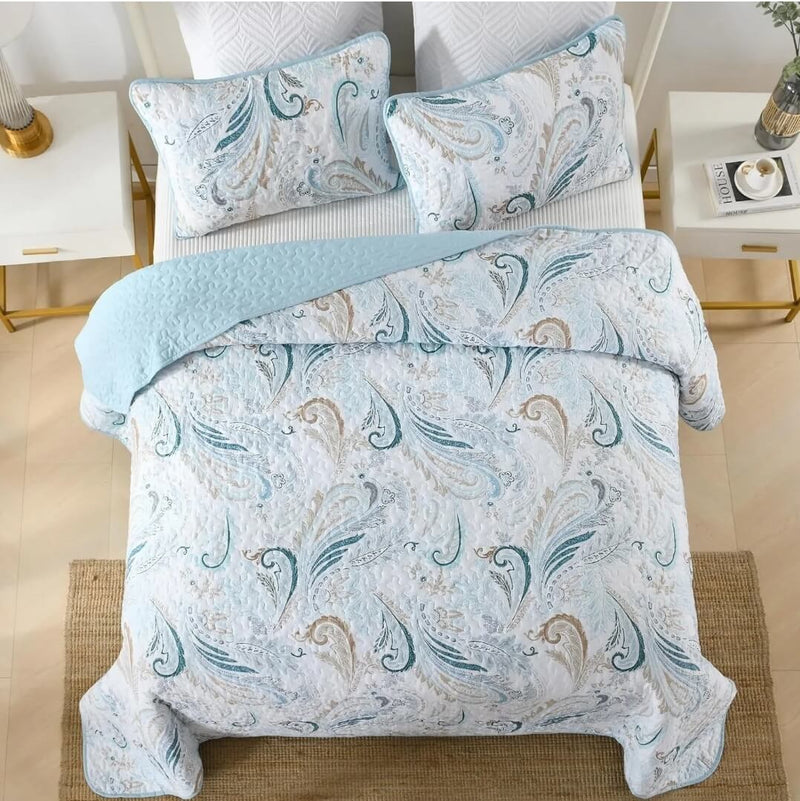 2025 Sky Blue Paisley Coverlet Set-Australian Summer Bedspread Sets (3Pcs)