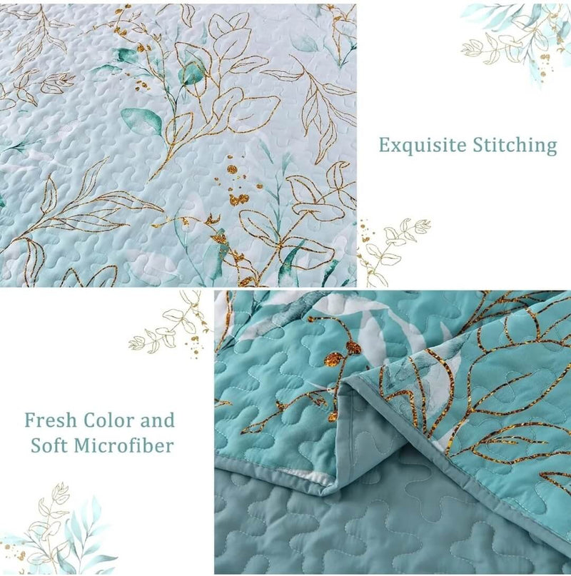 Blue Green Floral Coverlet Set-Quilted Bedspread Sets (3Pcs)