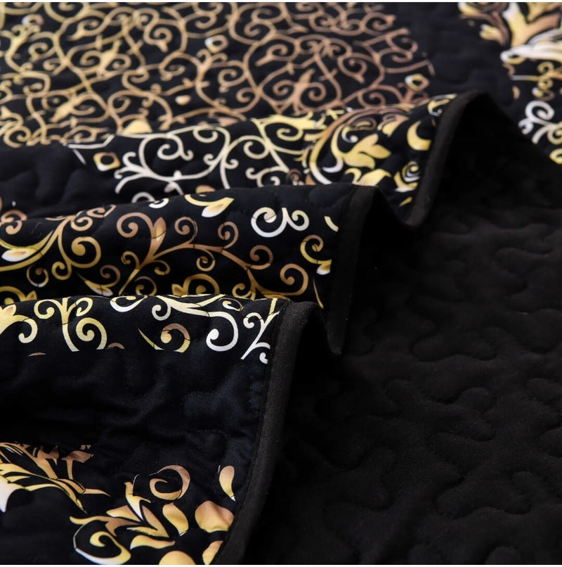 Black Base Gold Floral Comforter Set-Quilt Set (3Pcs)