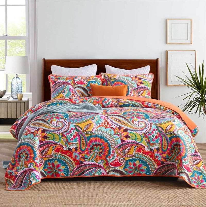 100% Cotton Bedspread Set (3Pcs) - Orange Floral Coverlet Set