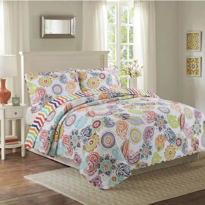 Bohemian Paisley Floral Quilted Bedspread Coverlet Set (3Pcs) – Multi-Color