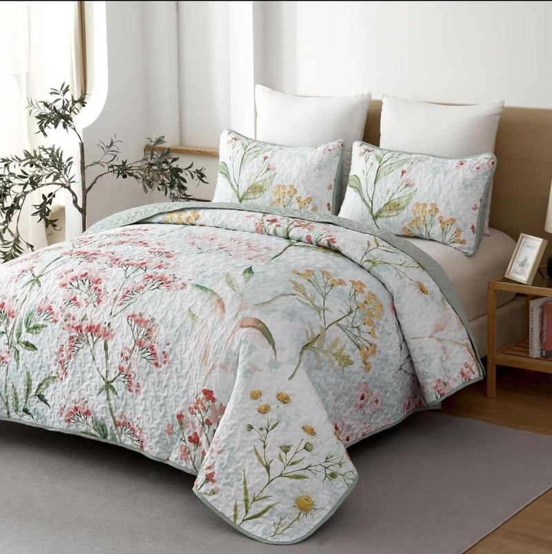 Botanical Green Light Coverlet Set-Quilted Bedspread Sets (3Pcs)